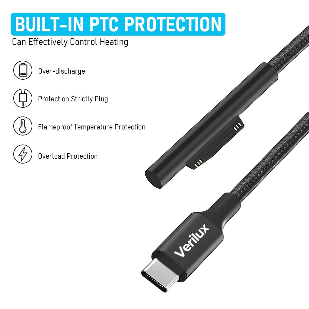 Verilux Type C Charging Cable for Surface Laptop featuring Magnetic Connector and 5.9ft Nylon Braided Design