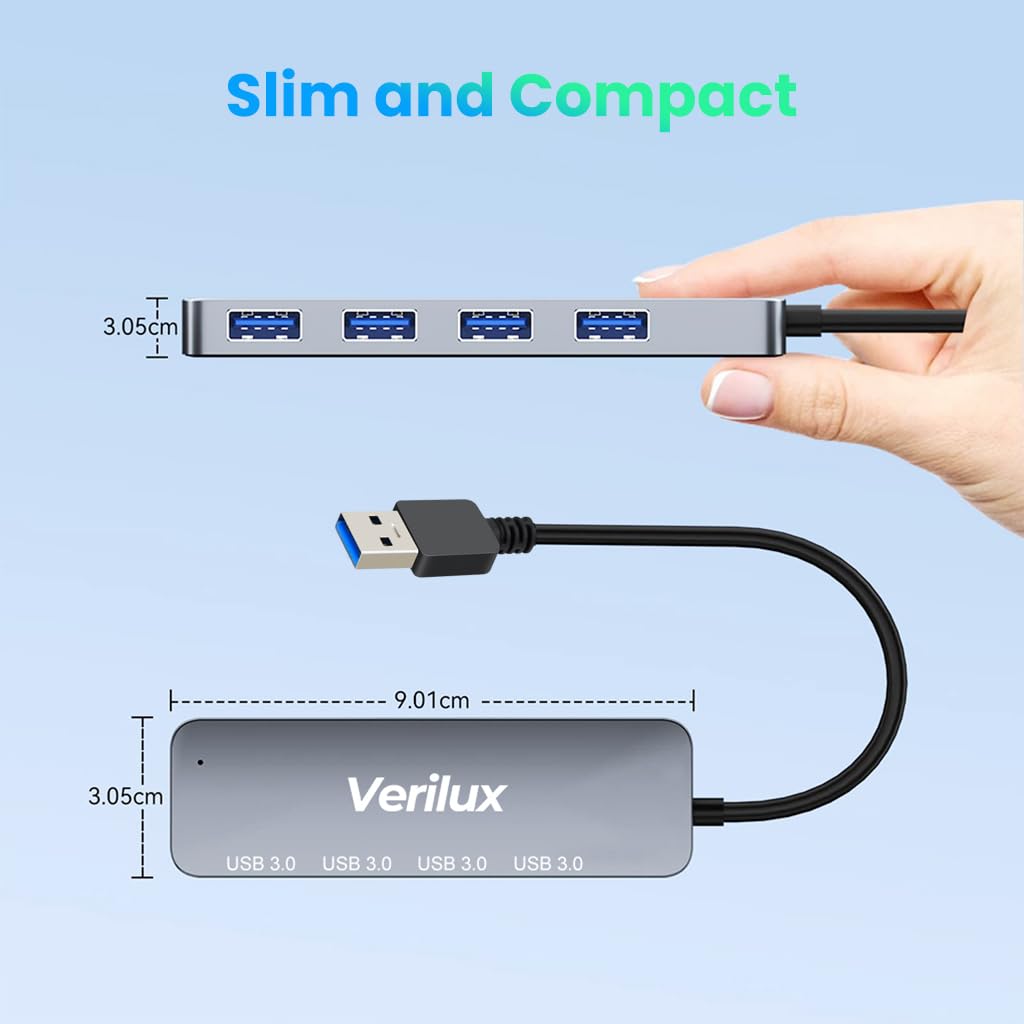 Verilux® USB Hub, 4 USB 3.0 Extender,4 in 1 Multiport USB Hub,Aluminum Alloy,Faster Transmission,USB Hub