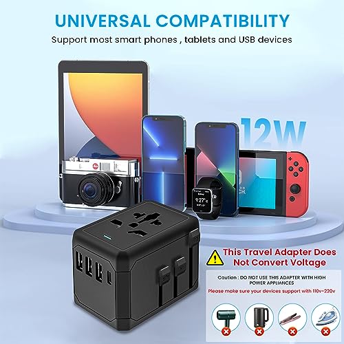 ZORBES® 12W Travel Adapter Wall Outlet Adapter with 3 USB Ports & Type-C Universal UK/US/AUS/EU Converter Plug Adapter Wall AC Power Plug Wall Power Adapter