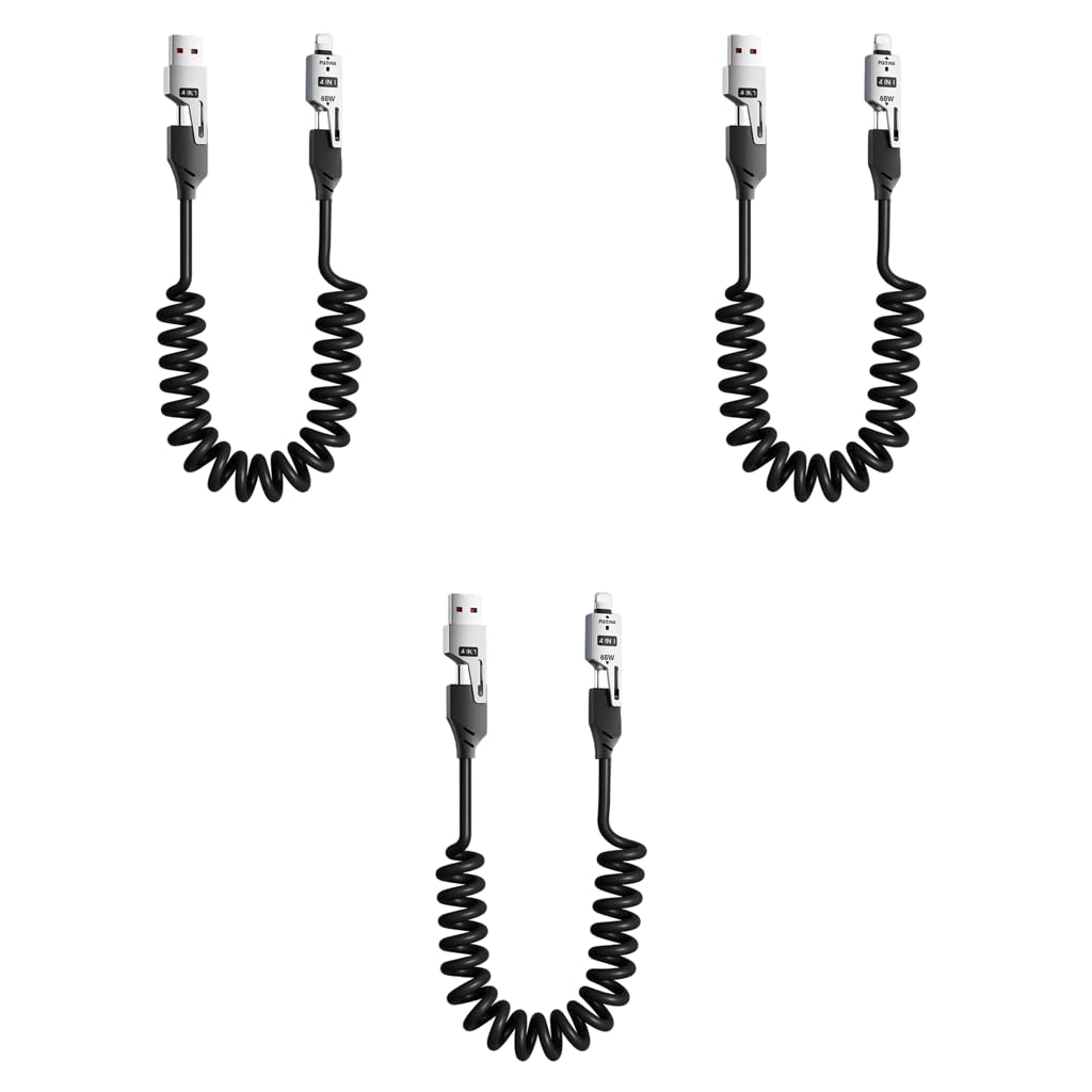 Verilux 4 in1 Type C Cable with Spring PD65W Fast Charging and 480Mbps Data Transfer | 3PCS Black