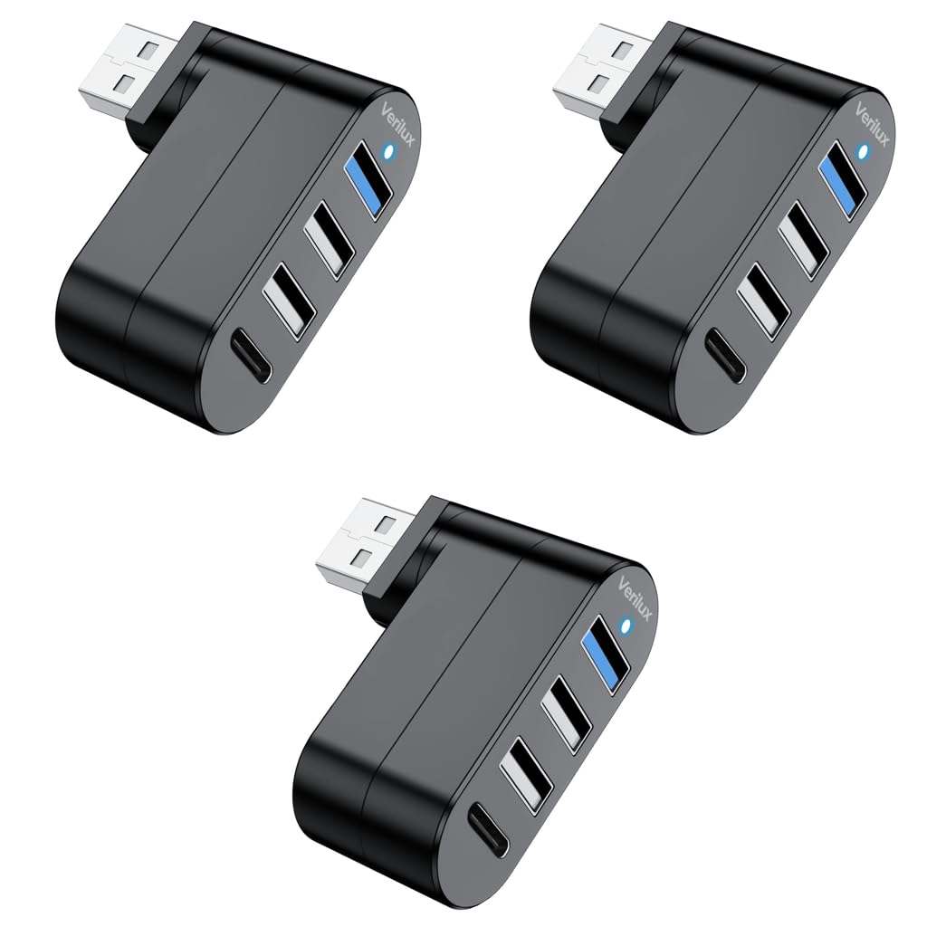 Verilux USB Hub 3.0 for Laptop and PC with 4 in 1 Ports Featuring 90 180 Rotatable Plug | Type C PD Charging