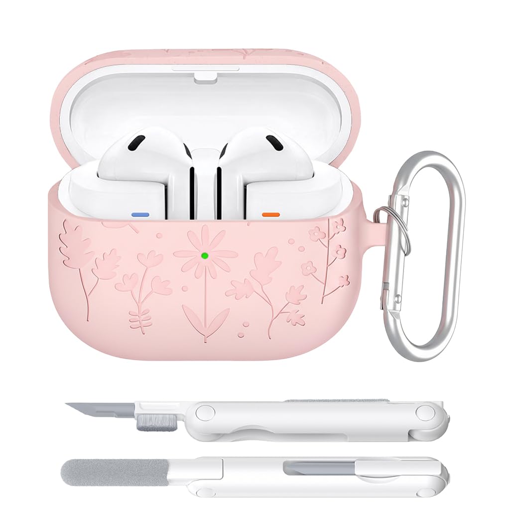 ZORBES® Compatible with Samsung Galaxy Buds3/3pro/3FE, Earbud Charger Case Pink Floral Embossed Silicone Skin Cover, Anti-Slip Anti-Scratch Silicone Protective Case Cover with Carabiner & Cleaning Tool