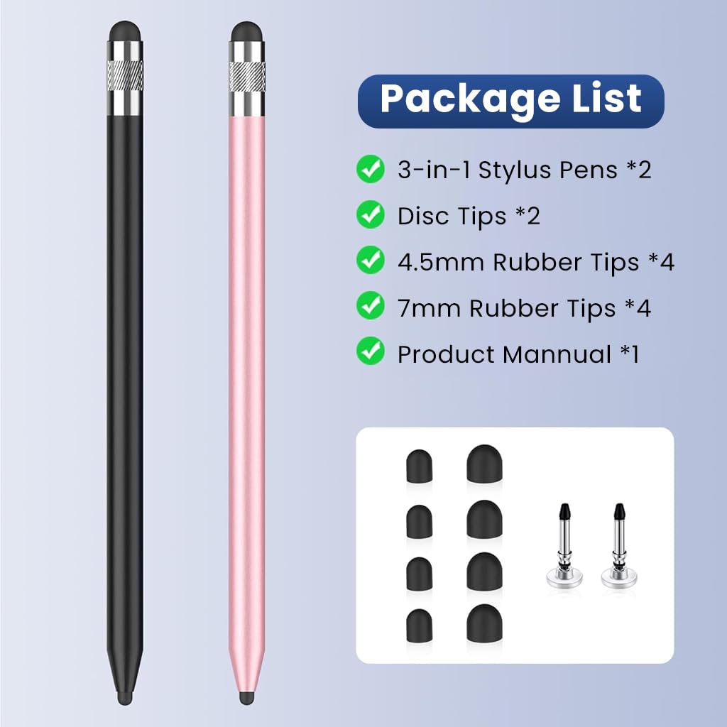 ZORBES® 2PCS 3 in 1 Stylus Pens for Touch Screens with 8Pcs Replacement Rubber Tips & 2 Disc Tips, High Sensitivity & Precision Capacitive Stylus Pencil for Apple iPad iPhone Tablets