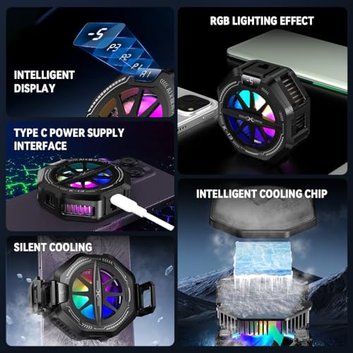 ZORBES® Phone Cooler for Gaming, Magnetic Mobile Cooler with 4 Level Modes, LCD Display & RGB Light, Semiconductor Technology Gaming Cooler with Clips for iOS & Android Phones