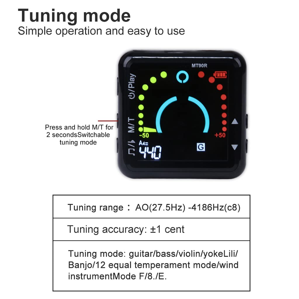 ZORBES® 2 in 1 Guitar Tuner with Metronome, Clip On Tuner for Guitar, Bass Ukulele, Violin, Banjo, Built-in Battery USB Rechargeable Tuner with Adjustable Arm