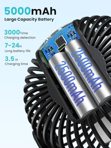 Verilux® USB Desk Fan Flexible Stroller with Clip 5000mAh Rechargeable 4 Speeds Cordless Quiet for Crib Handle Safety Baby Seat 2 PCS