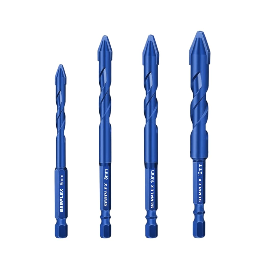 Serplex® 4Pcs Drill Bits Set Rugged Cemented Carbide Drill Bits 6mm 8mm 10mm 12mm Drill Bits for Glass Marble Cement Concrete with Universal 1/4'' Hex Shank Power Drill Accessories