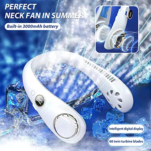 ZORBES® Portable Neck Fan, Personal Mini USB Bladeless Neck Fan, 3000mAh Neck Fan with 3-Speed, LED Battery Level Display, No Curly Hair Wearable Necklace for Camping Hiking Outdoor Travel (White)