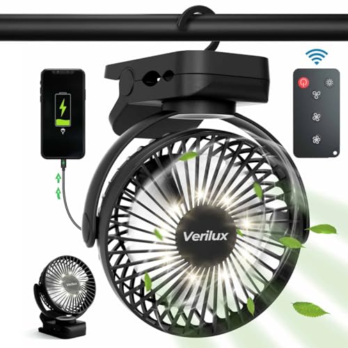 Verilux® Rechargeable Table Fan with Night Light & Remote Control, 360° Adjustment 8000mAh High Speed Table Fan for Home, Office, Camping with Clip and Power Bank