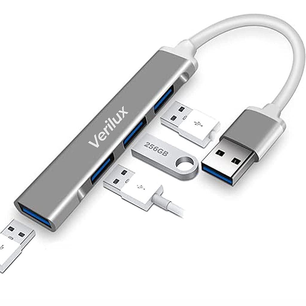 Verilux® USB Hub 3.0 for PC, 4-Port High Speed USB Hub with Aluminium Shell, USB Port Hub 3.0 Compatible for PC, MacBook, Mac Pro, Mac Mini, iMac, Surface Pro, XPS, PC (Grey) - verilux