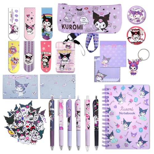 ZORBES® Juego de 23 piezas de útiles escolares Kuromi, juego de papelería Kawaii con estuche para lápices, bolígrafos con clic, marcadores de libros, 50 piezas de pegatinas Kuromi, pegatinas de notas