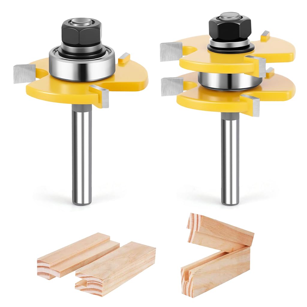 Serplex® 2Pcs Router Bits, Alloy Steel Tongue and Groove Router Bit Set, 1/4'' (6.35mm) Shank for 3/4" Stock, 1/2" Cutting Depth, Adjustable 3 Teeth Shaker, for Woodworking, Milling, Cutting