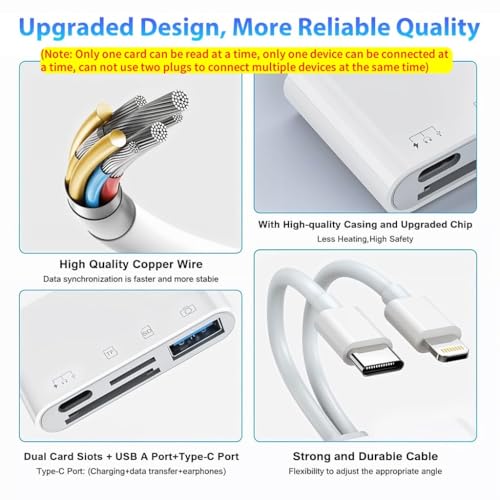 Verilux® Multi Card Reader for iPhone SD Card Reader 4 in 2 USB C Lightning to SD TF Card Flash Drive Reader Support Fast Charging for iOS Devices Portable 3PCS