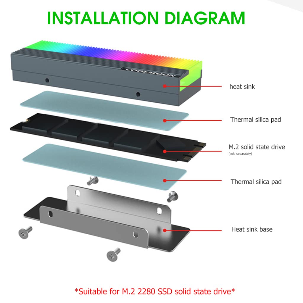 Verilux SSD Aluminum Cooler 5V ARGB M.2 2280 Heatsink SSD Aluminum Cooler for PCIE NVME NGFF or SATA 2280 M.2 SSD, Motherboard LED RGB Lights with Silicone Thermal Pad and SSD Not Included