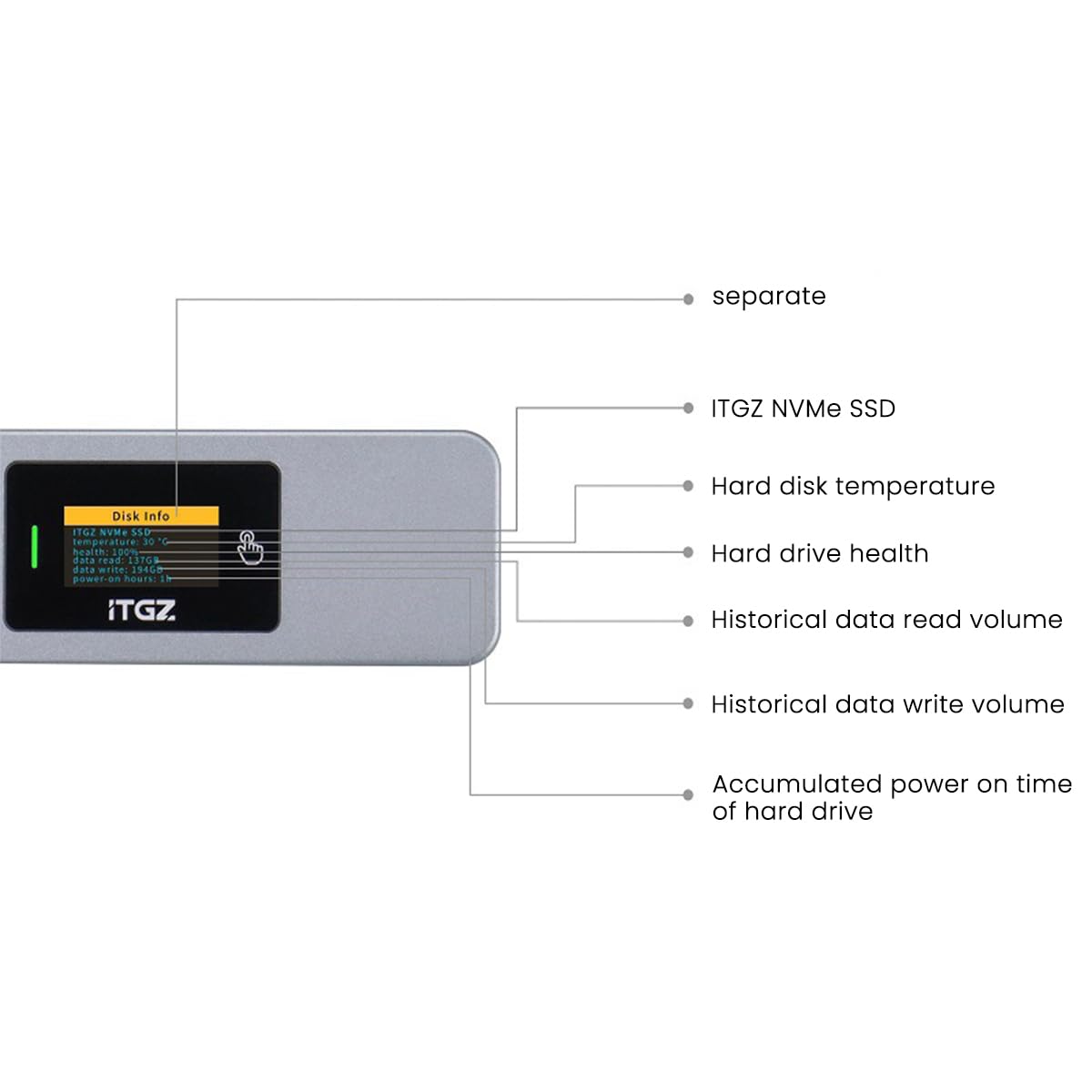 Verilux® Smart M.2 Enclosure with Touchscreen, USB 3.2 Gen 2 10Gbps, Only Compatible with 2280 NVMe/ PCIe and NGFF/SATA SSD, Support M-Key B+M Key, External Enclosure Support UASP Trim