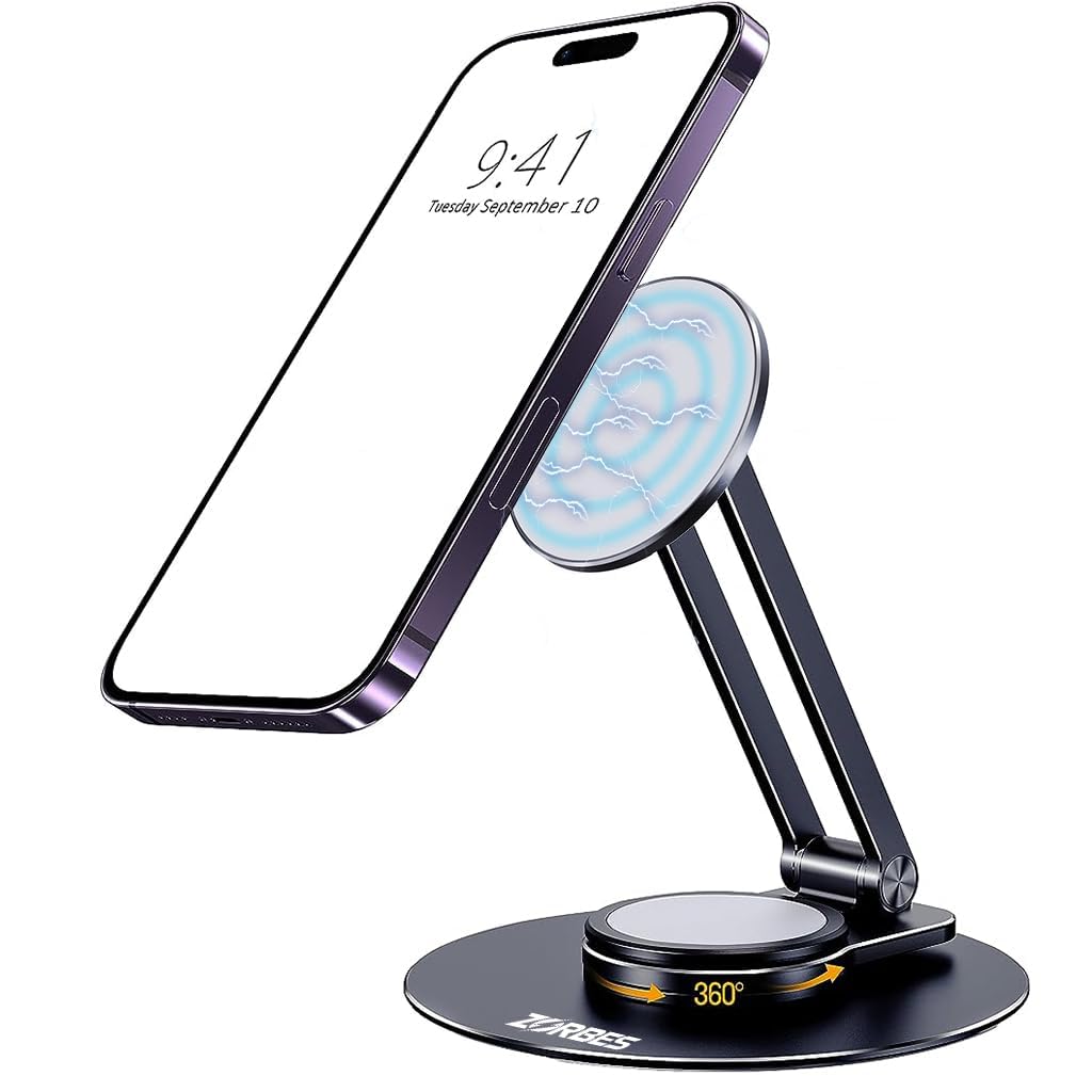 ZORBES® Magnetic Desk Phone Stand for iPhone 14 13 12 Series, Aluminum Phone Holder with 360°Rotation Base Adjustable Foldable Mobile Stand Compatible with iPhone 14 13 12 Pro Max Mini, Mag Safe Case