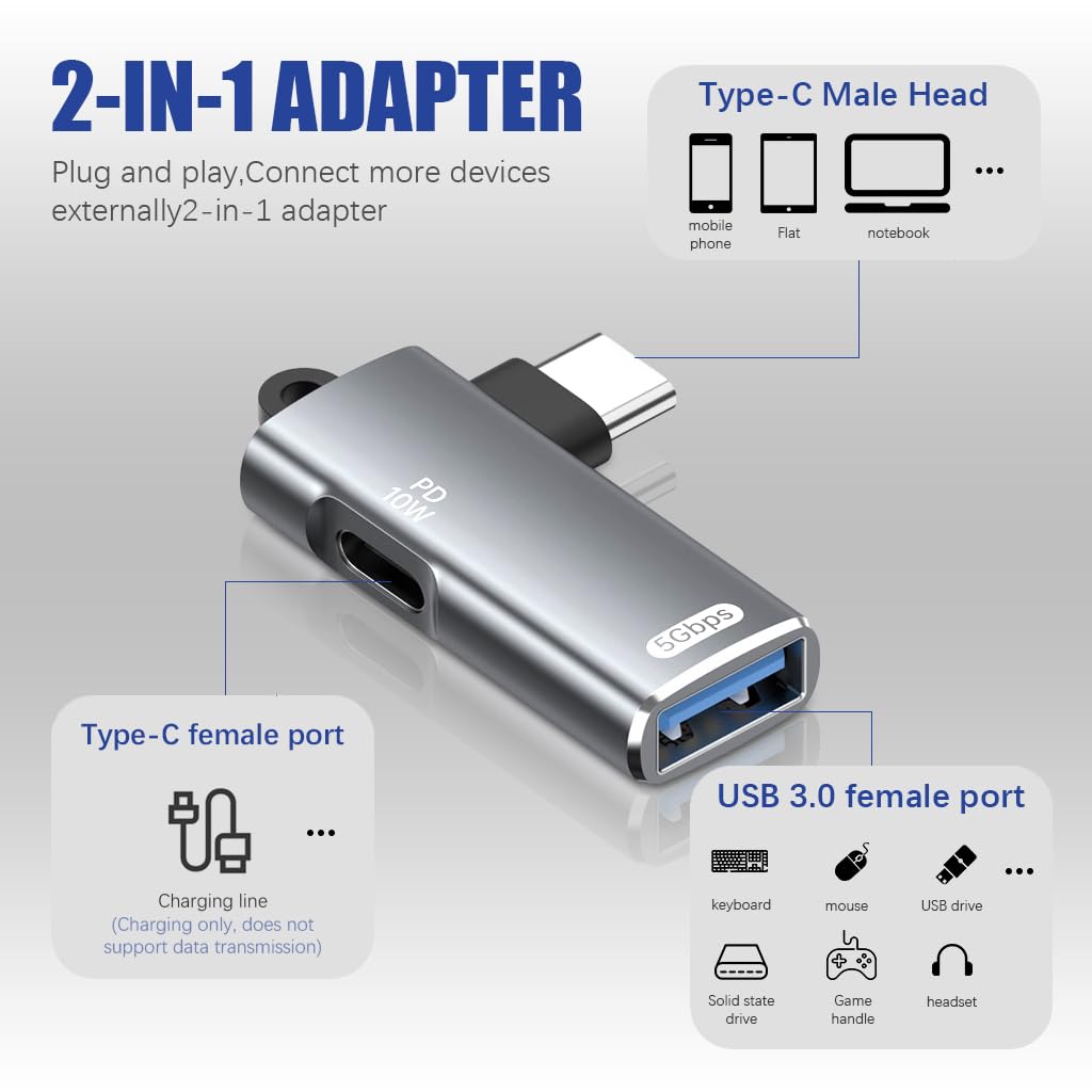 Verilux® TYPE C OTG Adapter 2 in 1 Type C to USB3.0 Adapter Type C Male to Female Support PD 100W Charging & 5Gpbs Data Transmission Universal OTG Adapter for iPhone 16/15, Galaxy S24/S23, MacBook Air