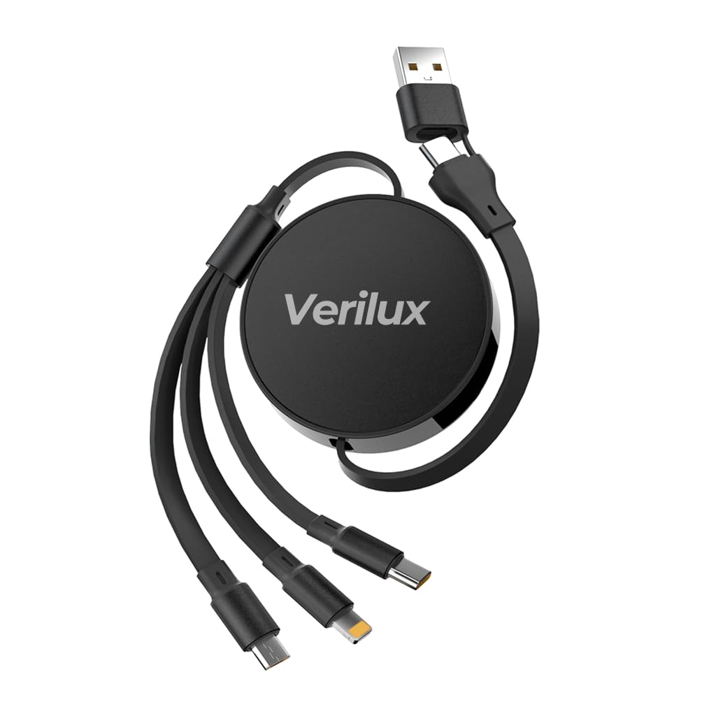 Verilux 3 in 1 USB to Type C Cable for iPhone and Android featuring 3.6ft retractable reel | PD 100W fast charging and data transfer