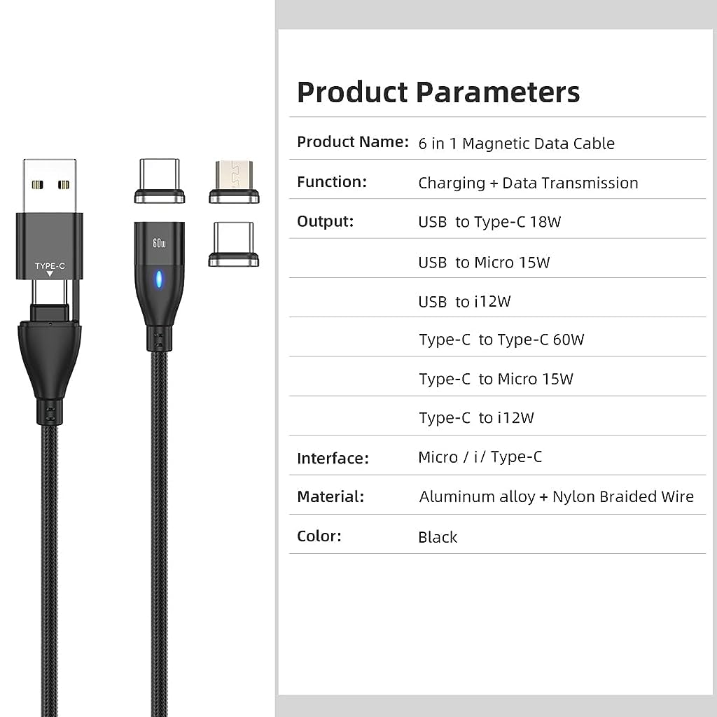 Verilux® Magnetic Charging Cable, 6 in 1 USB A/C Charge Cord with 3 Magnet Adapters(Type C/Micro/i-Product), 3.3Ft 60W Fast Charging & Data Transmission Multi Cable for Phone, Laptop, Tablet