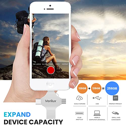 Verilux® Pendrive 128GB 4 in 1 Flash Drive with Lightning Micro USB USB A Type-C Interface Mini Hangable for iOS Android Compatible with iPhone iPad PC and More Devices 3 PCS