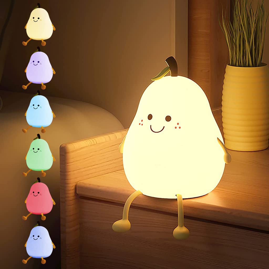 Verilux Cartoon Pear Night Lights for Kids Color Cute Smile Pear Night Light Soft Silione Lamp USB Rechargeable Nursery Night Light for Boys Girls Bedroom