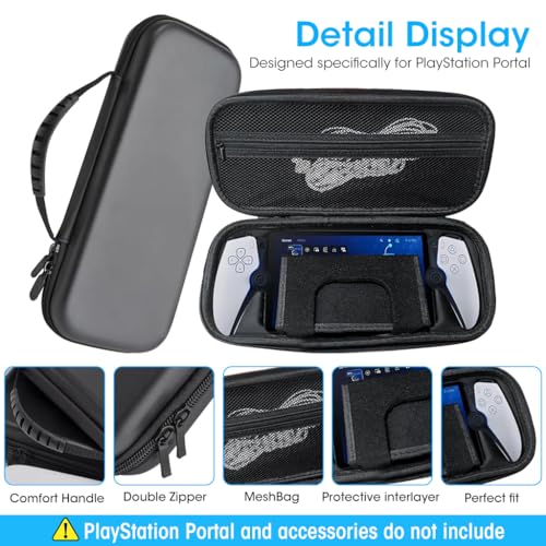ZORBES® Polyurethane Carrying Case for PlayStation Portal Handheld Gaming Console Portable Hard Shell Storage Bag Travel Accessories Black 3 PCS