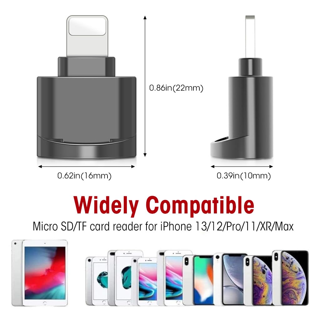 Verilux® Micro SD Card Reader for iPhone iPad, Micro SD/TF Card Reader Memory Card Reader for iPhone Plug and Play Card Reader for iPhone 13/12/Pro/11/X/XR/Max