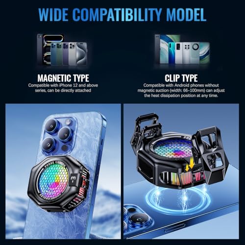 ZORBES® Phone Cooler Gaming Fan, Magnetic Phone Cooler Magnetic Mobile Cooler with 3 Level Modes, RGB LED Gaming Mobile Cooler Fan with Clips, Phone Radiator Case for iPhone Android Smartphone