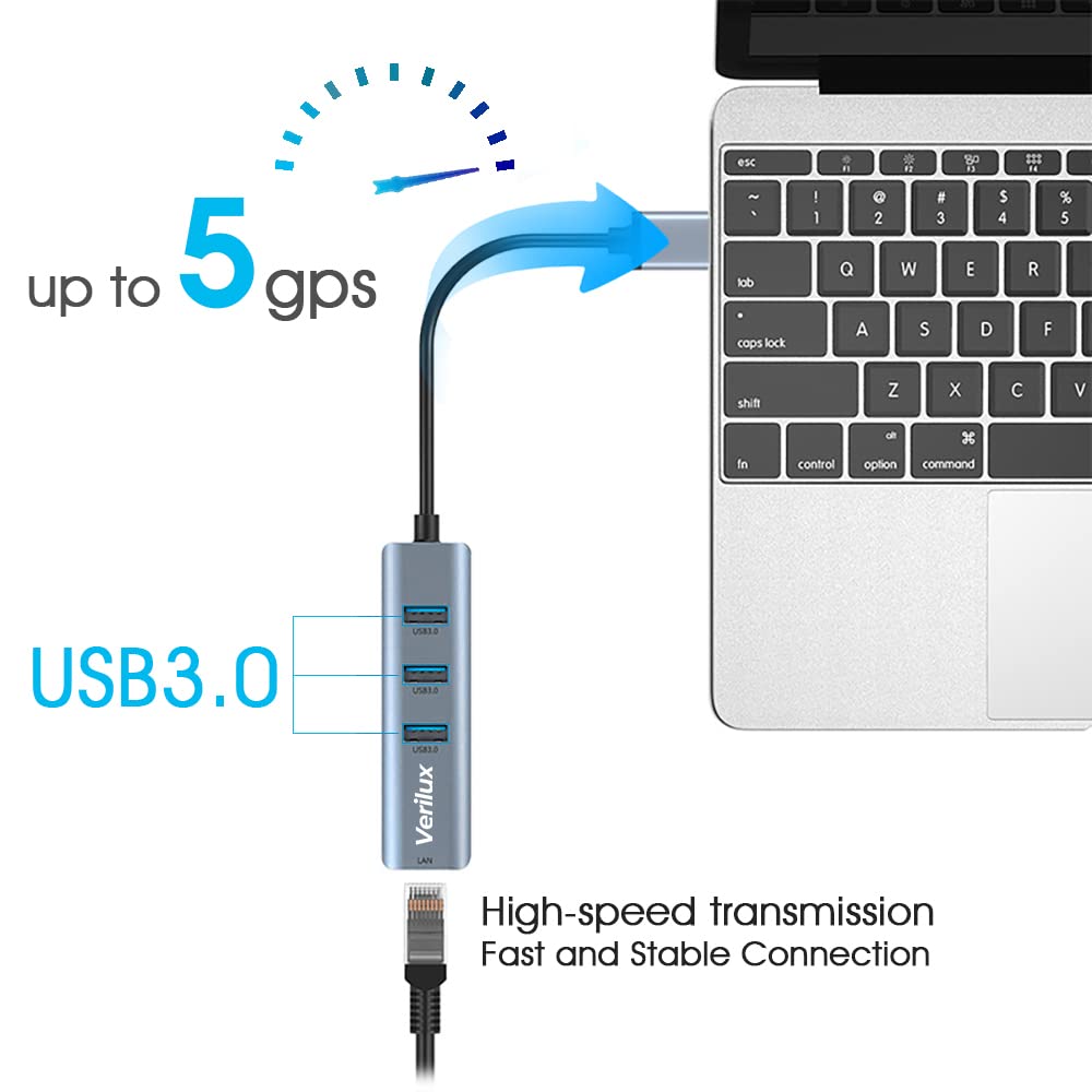 Verilux® 4 in 1 USB to Ethernet Adapter, USB 3.0,RJ45 to USB C Thunderbolt 3/Type-C Gigabit Ethernet LAN Network Adapter, Compatible