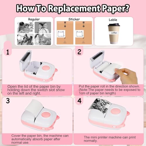 Zeitel® Mini Bluetooth Thermal Printer with LED Portable Label Inkfree Printer for Android iOS System Black on White with 13 Roll Paper 5 Color Pen 1 Kuromi Sticker Pink 3 PCS