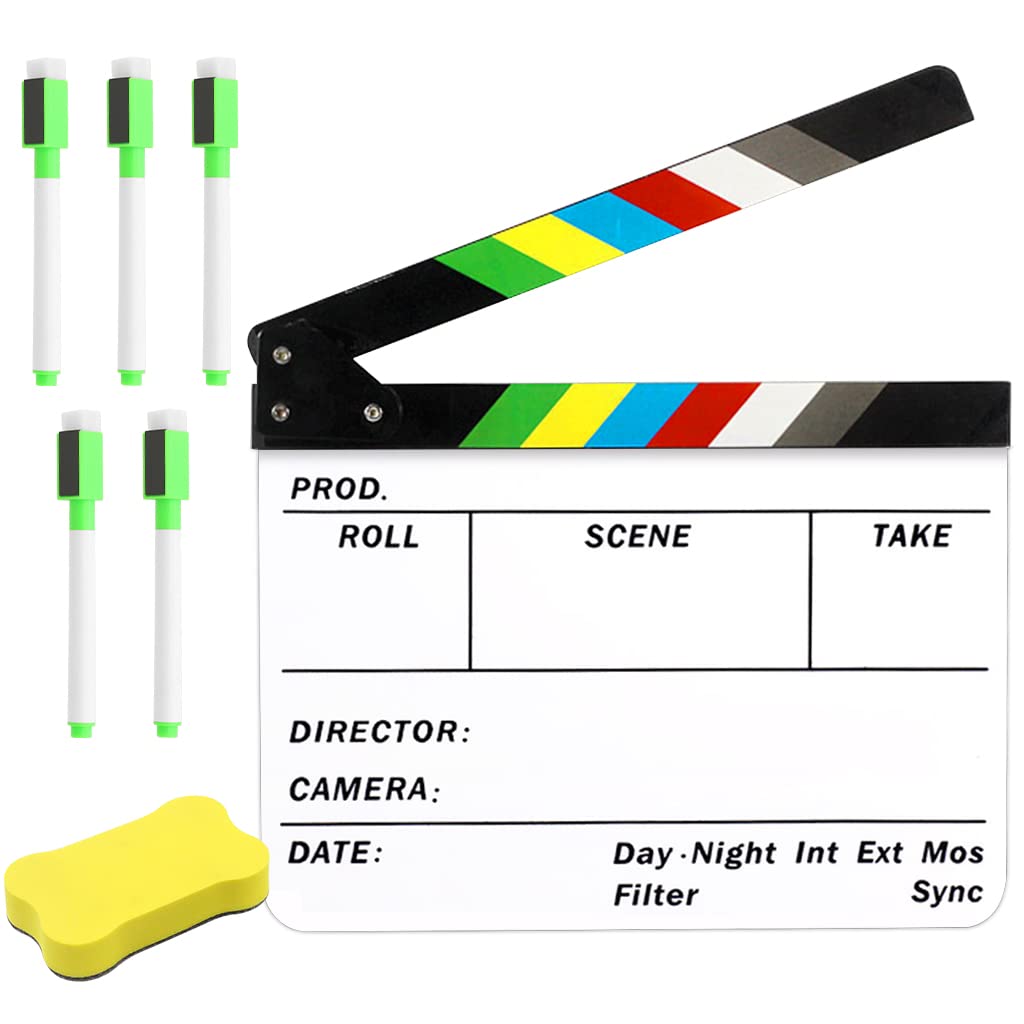 Verilux 12x10in Clap Board with Markers and Erasers for Movie Directors, Acrylic Clapboard Film Slate Cut Action Scene Clapper for Filmmaking Photography Studio Video TV