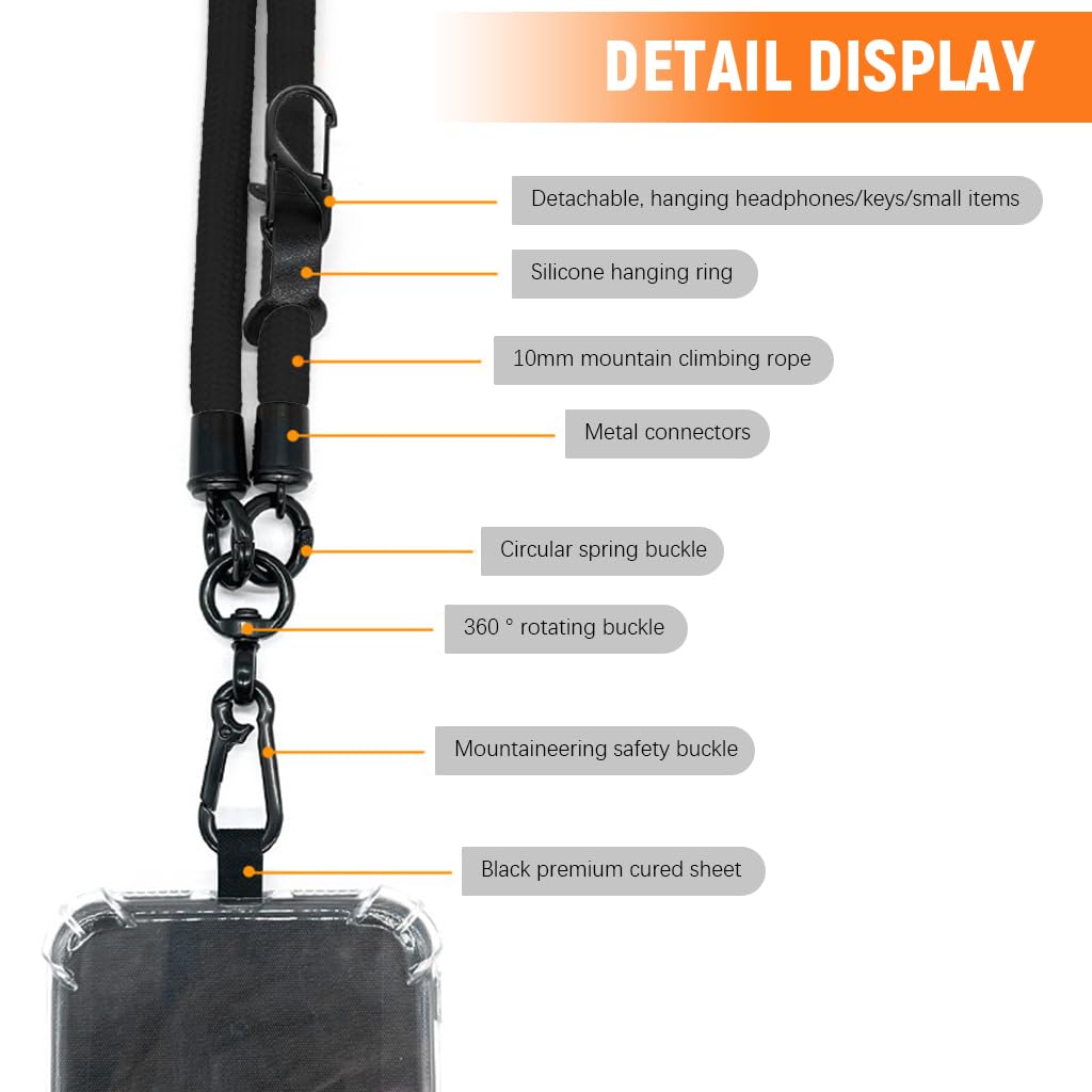 ZORBES® 47'' Phone Lanyard, 10MM Adjustable Lanyard Universal Cross-Body Shoulder Straps Mobile Phone Chain, Hands-Free Neck Hanging Chain Accessory, Cell Phone Accessories(Black)