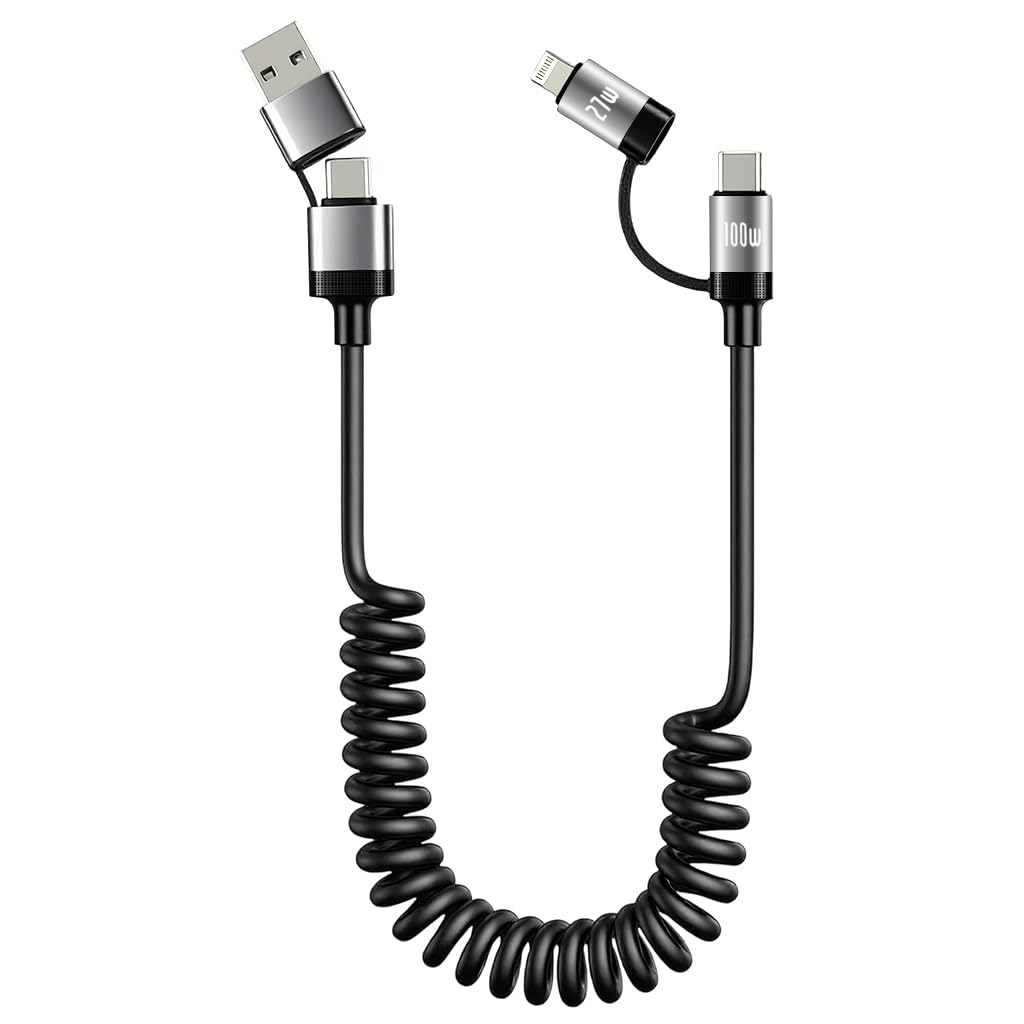 Verilux Type C Charger Cable 4 in 1 4 ft 1.2 m with PD 60 W Fast Charging and Spring Coil Design