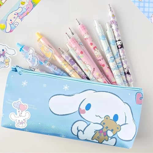 ZORBES® Juego de 9 útiles escolares Kawaii Cinnamoroll, juego de suministros de papelería Kawaii con cuaderno, estuche para lápices, bolígrafos con clic, pegatinas variadas de dibujos animados