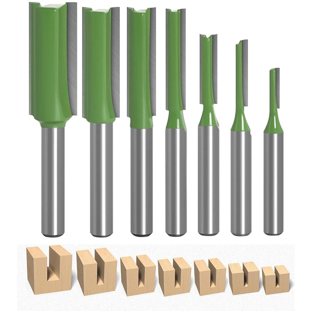 Serplex® 7pcs 1/4" Shank Tungsten Carbide Double&Single Flute Straight Dado Router Bit Set, Straight Cut Router Bits, 3/4/5/6/8/10/12mm Cutting Diameter Trimming Cutter for Woodworking