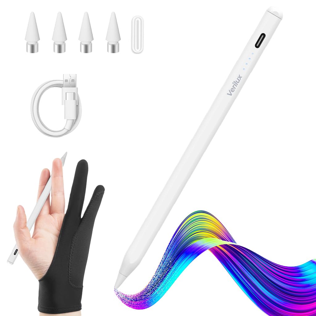 Verilux Universal Stylus Pen for iOS and Android Tablets with 4 Tips and Artist Glove | 8–10 Hour Use