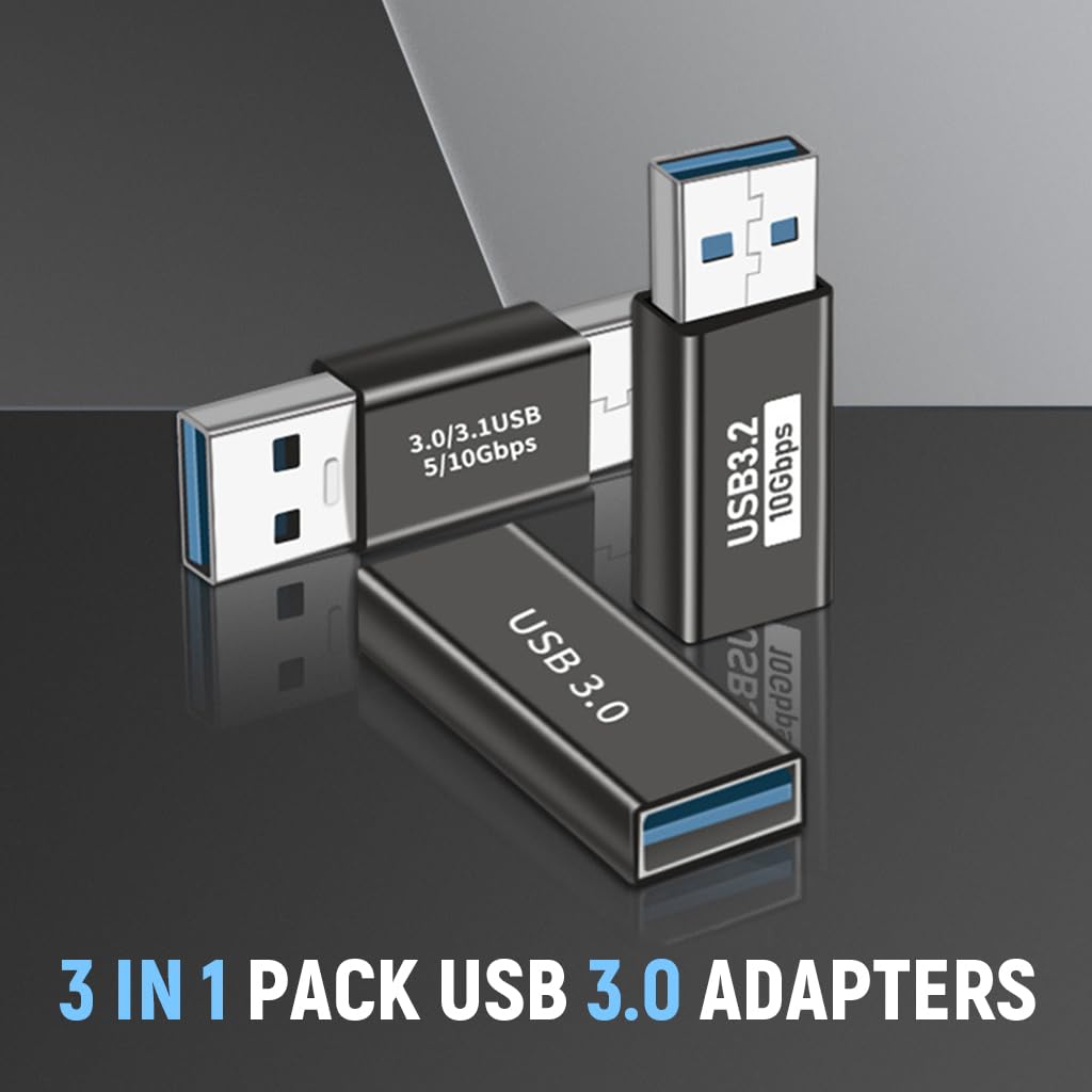 Verilux® USB 3.0 Adapters 3Pcs, with 5Gbps Data Transfer, Metals High Speed Converters USB 3.0 Female to Female and Male to Male and Female to Male, Sit for Laptops, USB Hubs, Gaming Consoles, Black