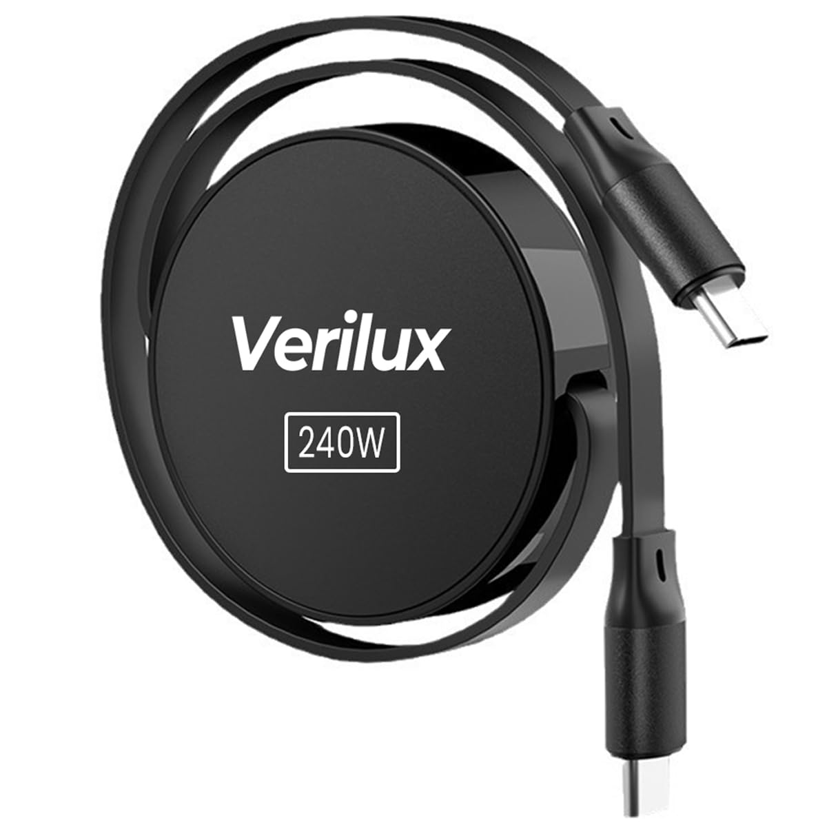 Verilux USB C to USB C Retractable Cable with 240W PD Fast Charge 3.3ft Length | Black
