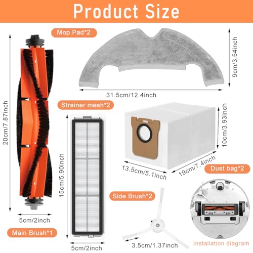 Verilux® Replacement Accessories for Mi Robot Vacuum X10 Set of 9Pcs Replacement Accessories Includes Main Brush, Side Brushes, Mop Cloth, Dust Collection Bags, Filters, X10 Vacuum Cleaner Accessories