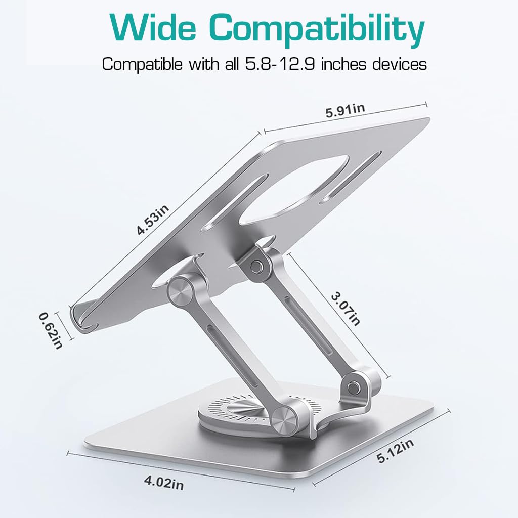 ZORBES® Tablet Stand Holder Desk Phone Holder Desk Tablet Stand with 360° Rotatable Base, Adjustable Height & Tilting Folding Desk Tablet Stand, Anti-Slip Metal Tablet Stand for iPad, 4-12'' Tablet