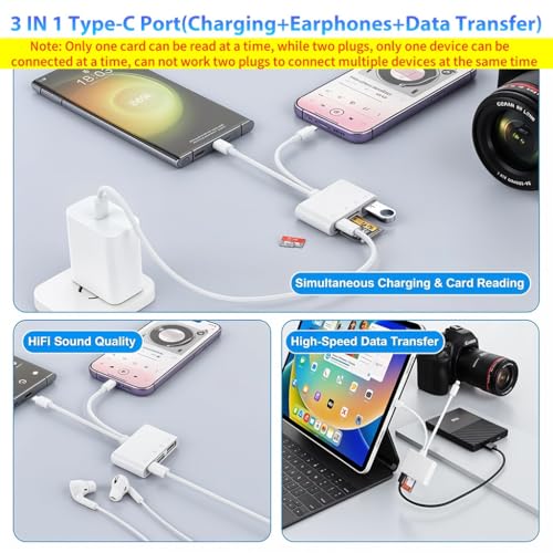 Verilux® Multi Card Reader for iPhone SD Card Reader 4 in 2 USB C Lightning to SD TF Card Flash Drive Reader Support Fast Charging for iOS Devices Portable 3PCS