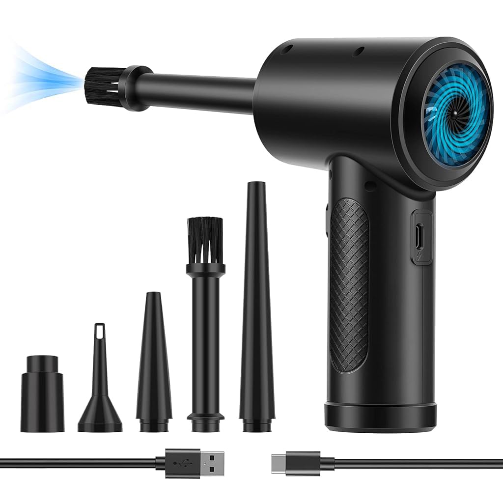 STHIRA® Electric Air Duster 2 In 1 Air Blower Air Pump with 5 Nozzles, 3-speed Air Duster with LED Light USB Cordless Handheld Compressed Air Blower for Car Dusting, Keyboard Maintenance