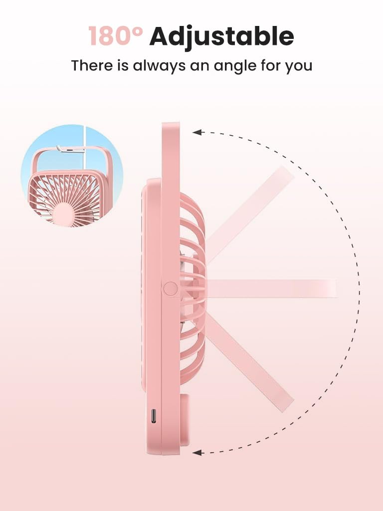 Verilux USB Fan for Desk and Travel featuring Kickstand and 4-Speed Airflow | 5000mAh Rechargeable Pink Fan