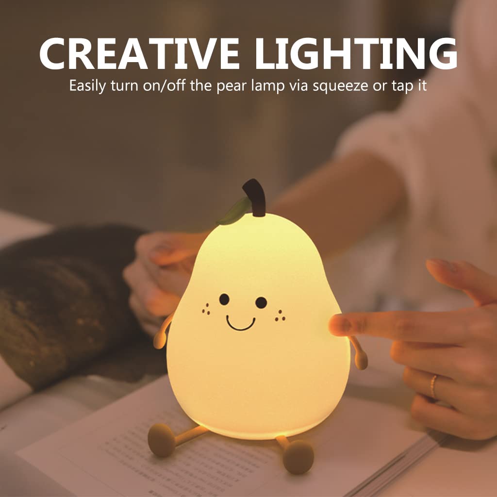 Verilux Cartoon Pear Night Lights for Kids Color Cute Smile Pear Night Light Soft Silione Lamp USB Rechargeable Nursery Night Light for Boys Girls Bedroom