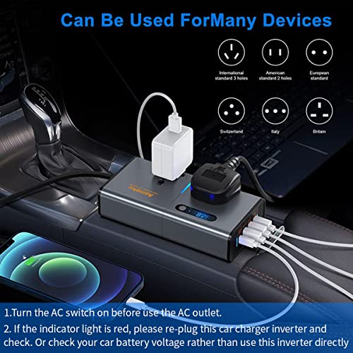 ZORBES® 200W Car 12V to 220V Inverter for Laptop, Mobilewith 220V Output AC Stocket, Extra Cigarette Lighter Socke Converter, 27W PD & 3 USB Charging Port