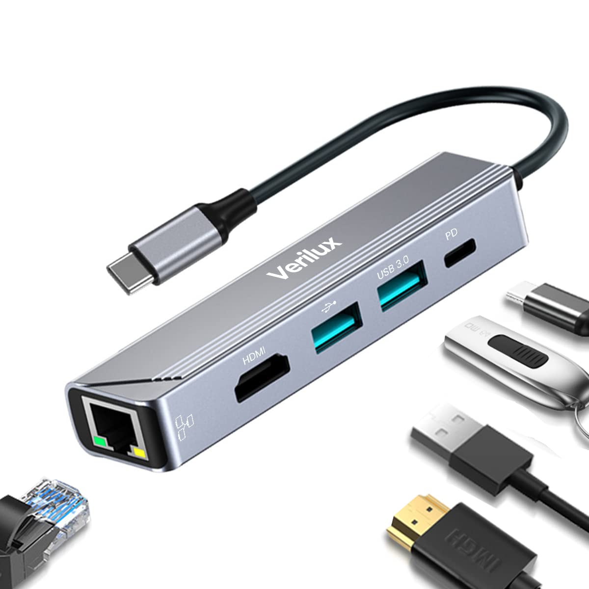 Verilux 5 in 1 USB C Hub, Type C Hub with 4K@30HZ HDMI Output, 55W PD Charging Port, 100M Ethernet Hub, 1 USB 3.0, 1 USB 2.0 USB C Hub for MacBook Air M1, MacBook Pro, Switch, Type-C Devices