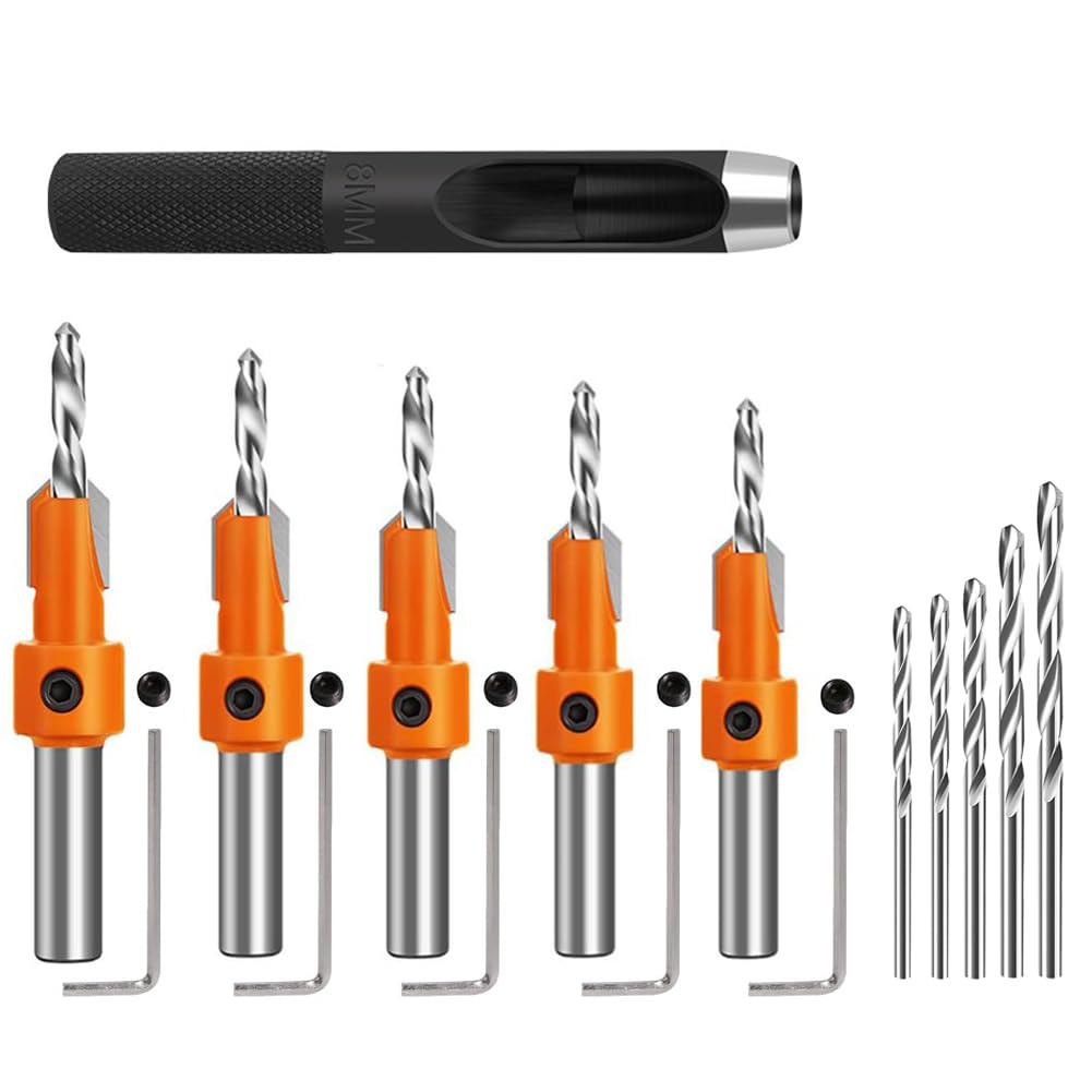 Serplex® 10Pcs Tapered Countersink Drill Bits Set with 8mm Round Shank, 5Pcs Extra Pilot Bit, #45 Carbon Steel, Quick Change and Allen Wrench for Woodworking and Carpentry, Pilot Screw Hole Set