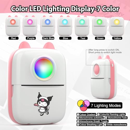 Zeitel® Mini Bluetooth Thermal Printer with LED Portable Label Inkfree Printer for Android iOS System Black on White with 13 Roll Paper 5 Color Pen 1 Kuromi Sticker Pink 3 PCS