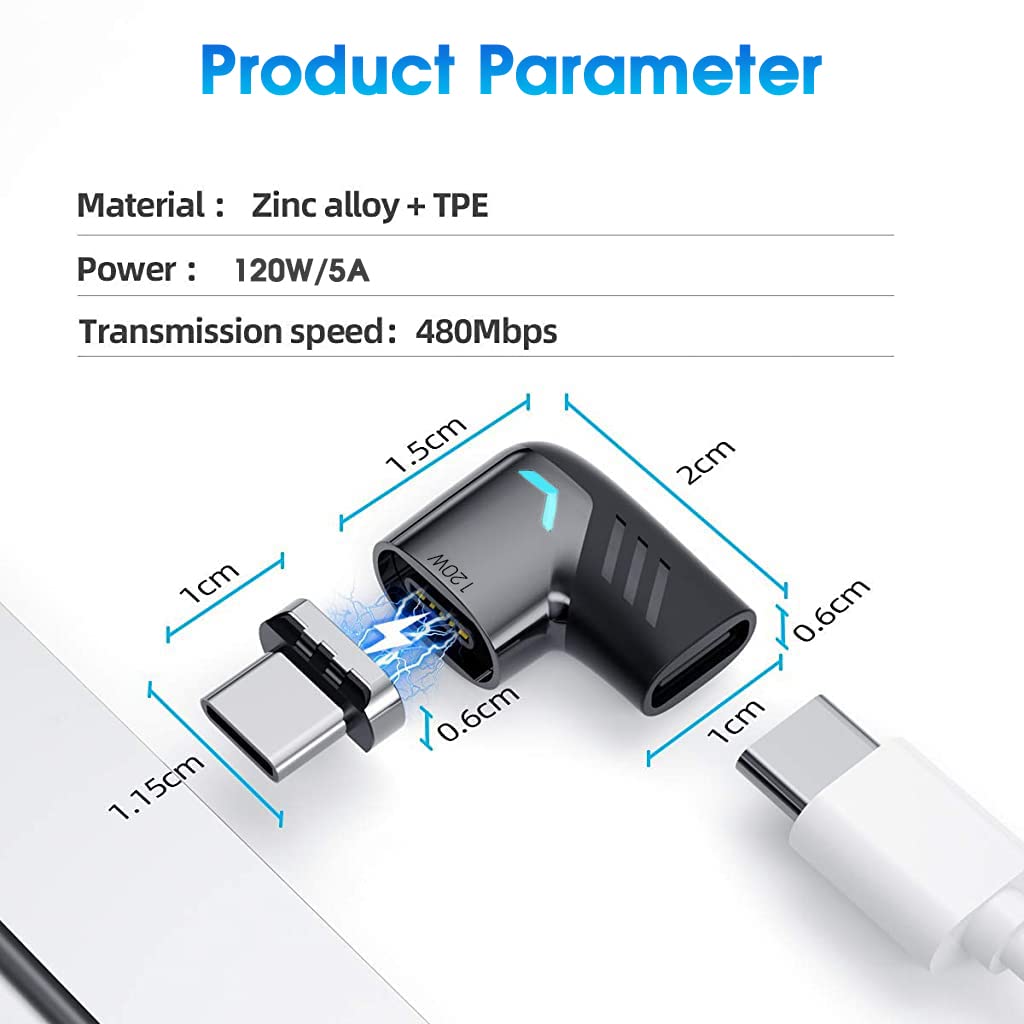 Verilux Magnetic USB C Adapter for Laptops and Smartphones featuring 120W PD Fast Charging | 90° Zinc Alloy Connector