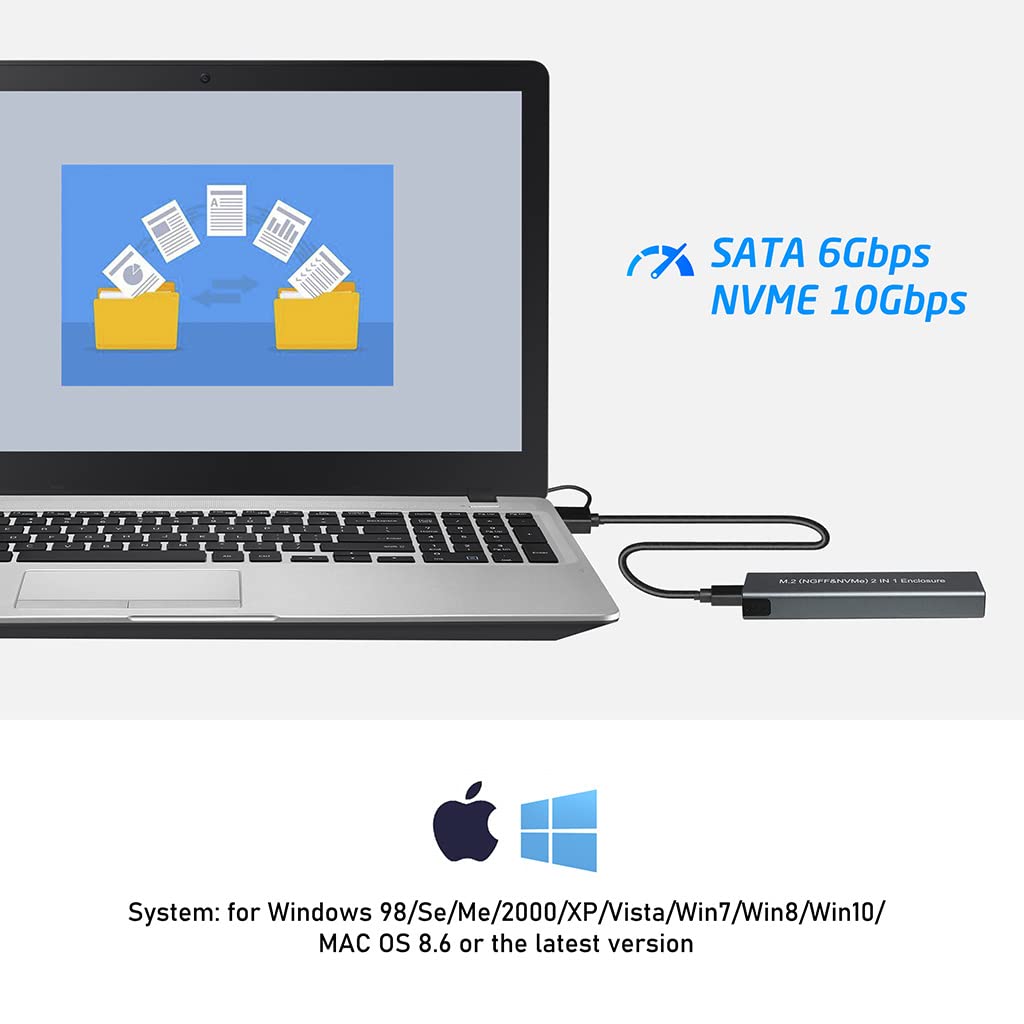 ZORBES® Aluminum M.2(B Key/B+M Key/M Key) NVME and NGFF SATA SSD Enclosure Adapter, USB 3.1 Gen 2 10 Gbps to NVME PCI-E Solid State Drive External Enclosure Fits for NVMe PCIe 2230/2242/2260/2280